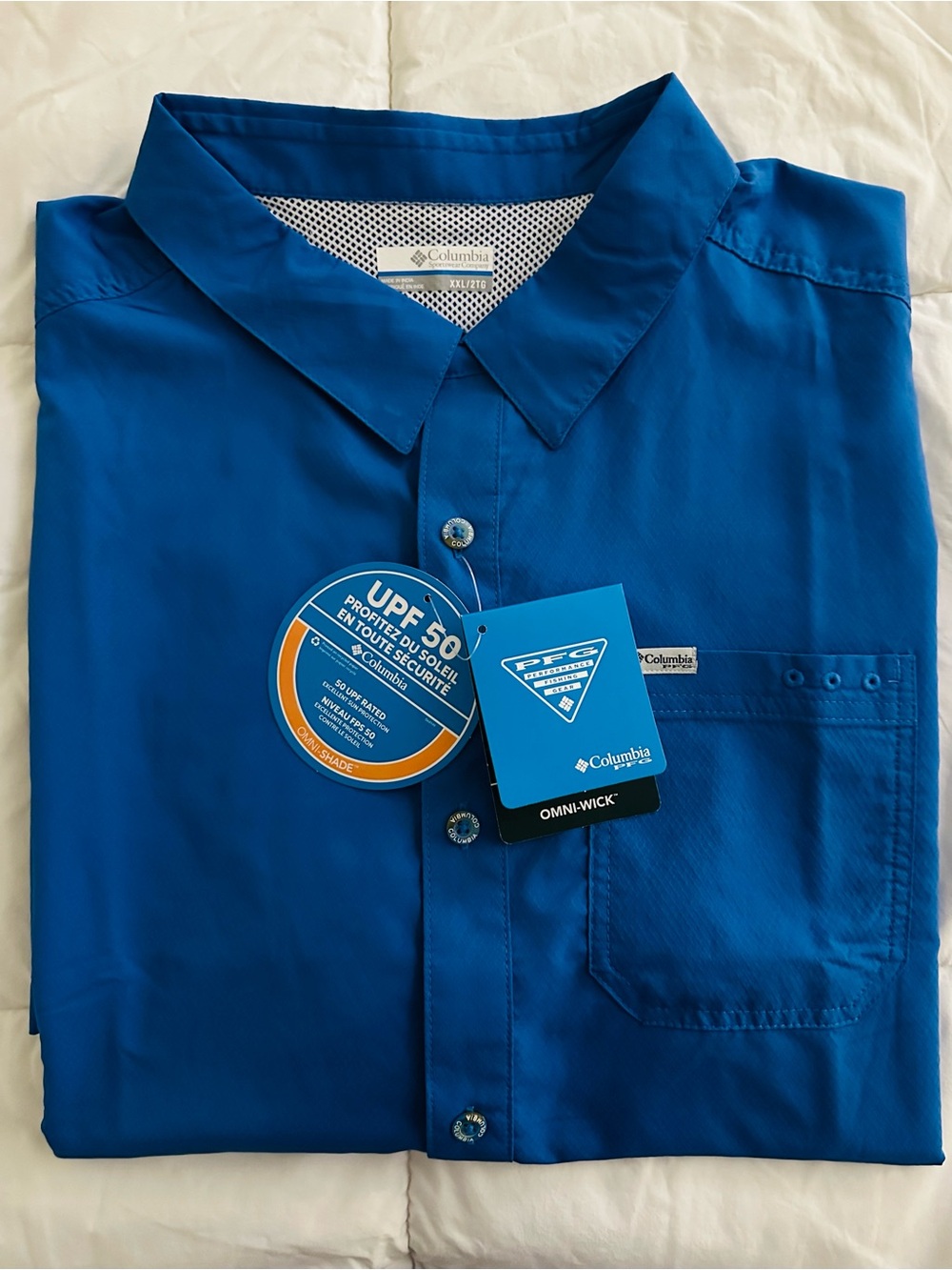 NWT Columbia PFG Slack Tide Camp Shirt Blue XXL Fishing Short Sleeve